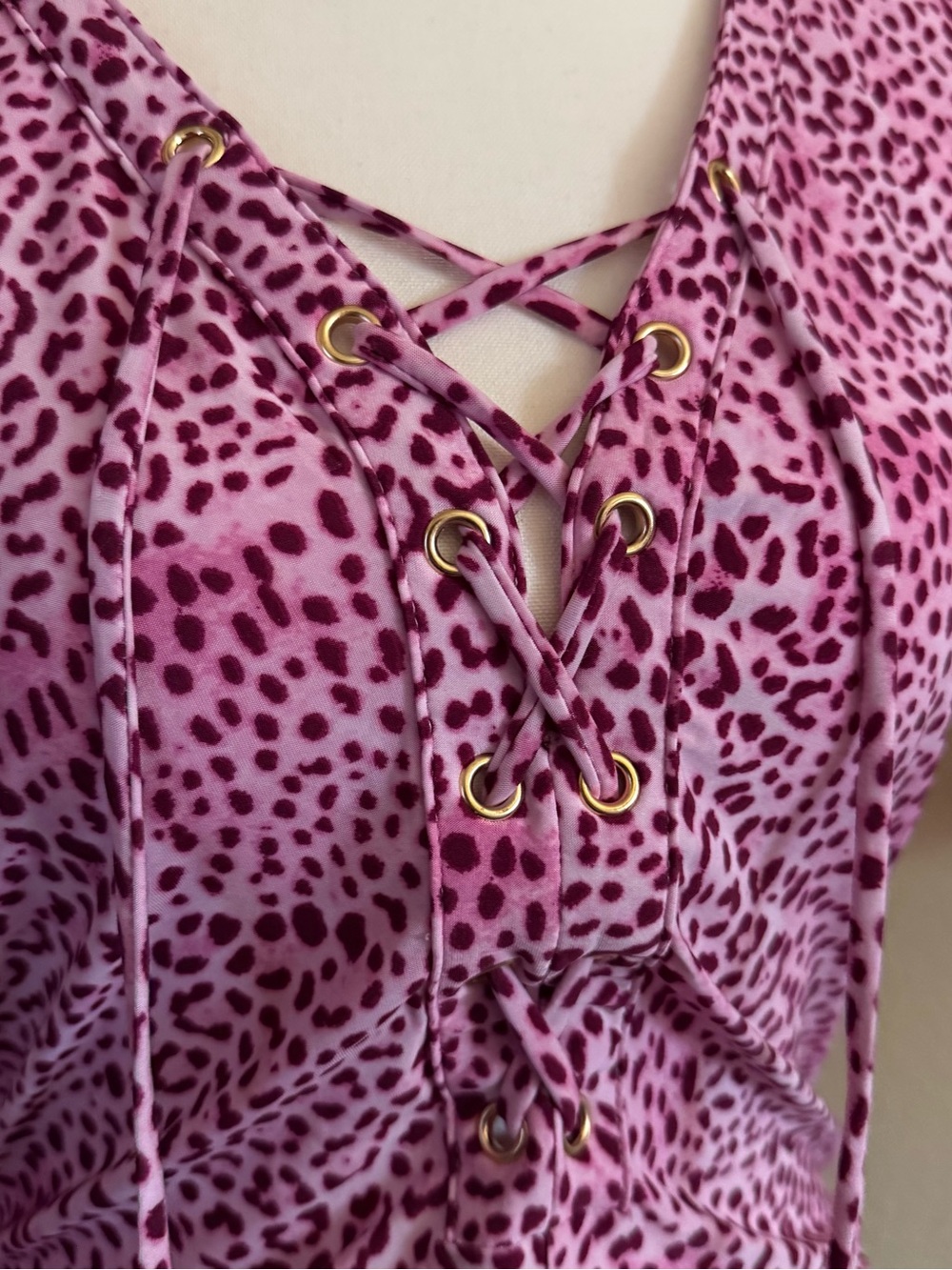INC International Concepts Pink Leopard Lace-Up Short Sleeve Top - Picture 2 of 6